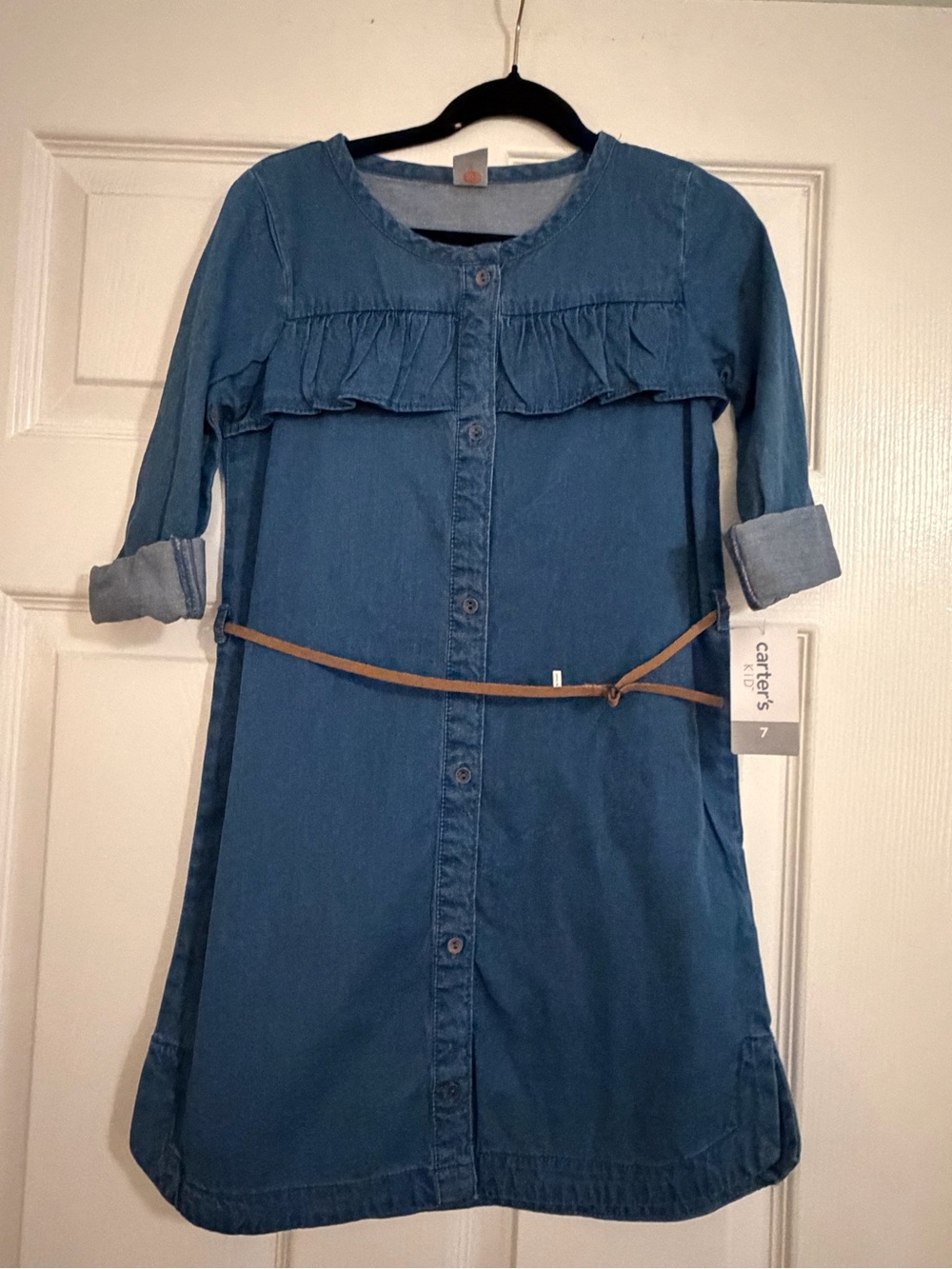Carter's Blue Denim Ruffle Front Button Dress with Tan Belt